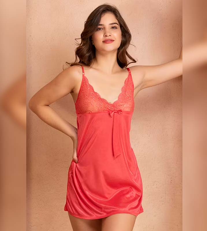 Sexy Short Nightdress In Coral With Laces