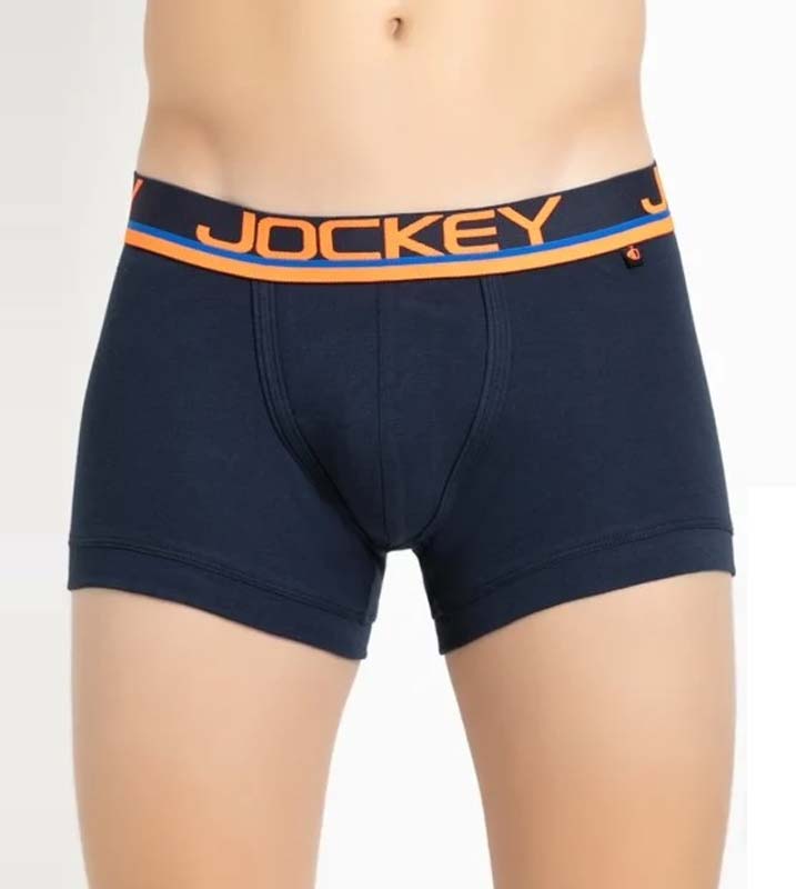 Modern Trunks with Double layer Contoured Pouch - Navy & Neon Orange