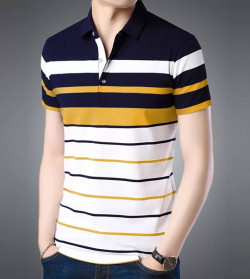 Striped Men Polo Neck White, Blue, Yellow T-Shirt