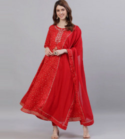 Ishin Women Red Printed Anarkali Kurta With Dupatta