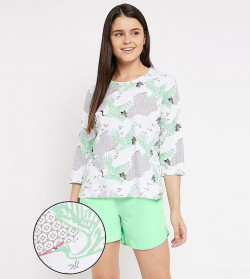 Bird Print Top in White & Solid Shorts in Mint Green - Cotton